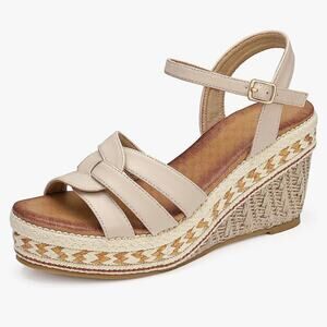 Espadrille Wedge  Platform Sandals Sz 9 41 Cream Faux Leather Buckle Ankle Strap